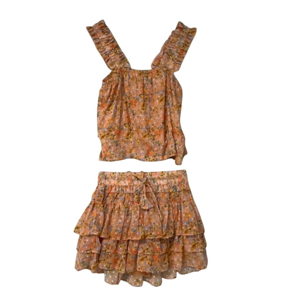 Floral Ruffle Tiered Skirt Set in Peach